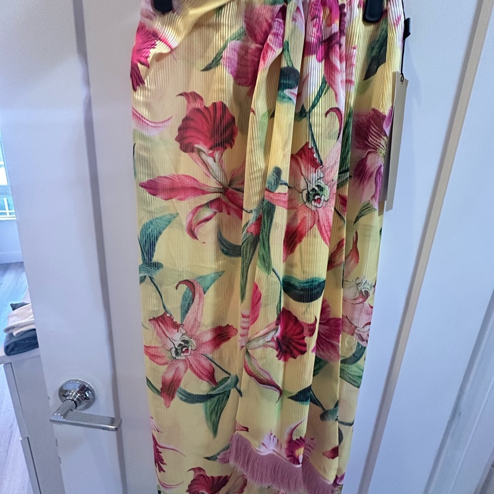 PatBO Yellow and Pink Midi Skirt Vibrant Floral Design